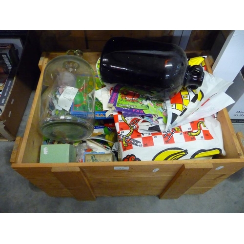 740 - Wooden Box of Vintage Toys and Games plus 2 Demi Johns