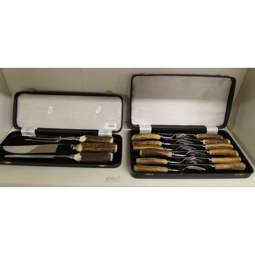 1068 - Stag Horn Carving Set & Similar Set of Steak Knives & Forks.