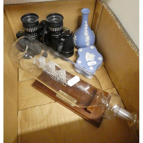 1073 - Box - Binoculars, Glassware, Ship in Bottle etc.