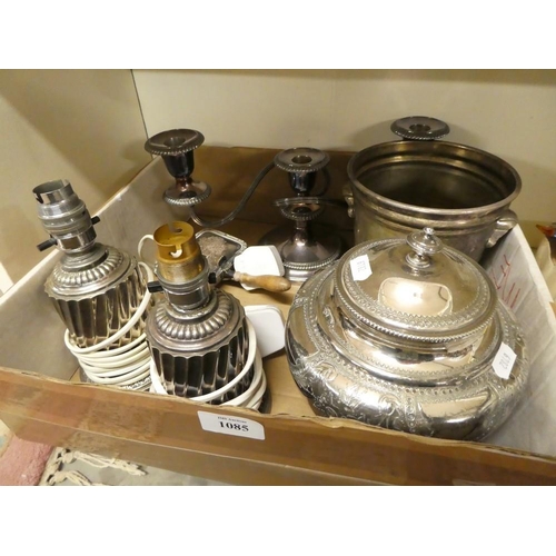 1085 - Box - Assorted EP Wares , including a Pair of Dwarf Table Lamps, Ashtray, Ice Bucket etc.