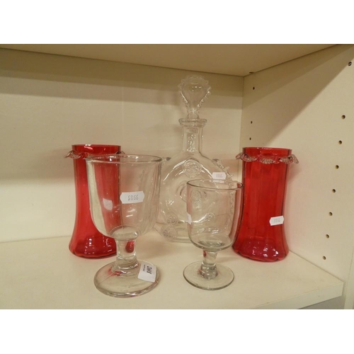 1092 - Pair of Cranberry Glass Vases, Two Antique Rummers, Clear Glass Decanter.