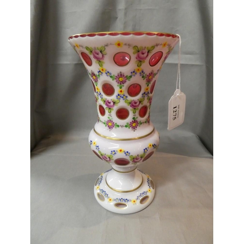 1275 - Bohemian Cased Footed Glass Vase, painted with Colourful Flowers, 22cm tall.