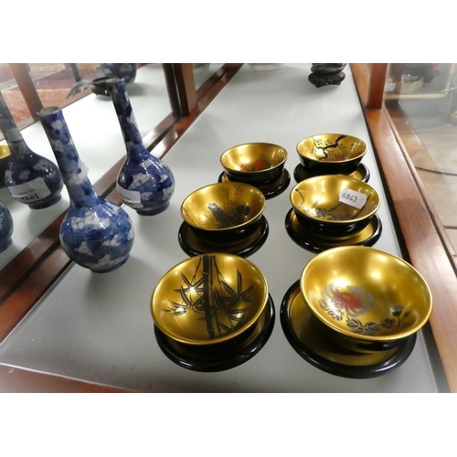 1645 - Pair of Chinese Prunis Bud Vases & set of 6 Japanese lacquered  Bowls on Stands.