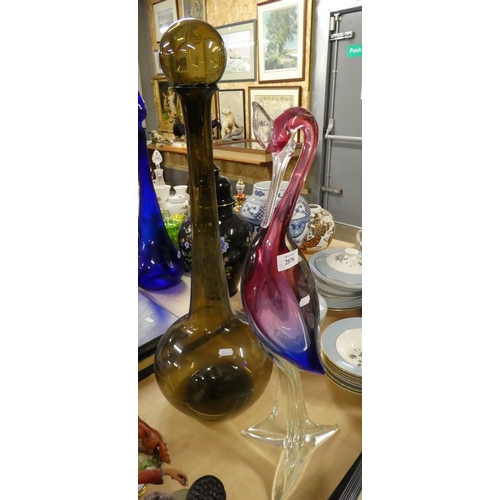 2076 - Large Italian Art Glass Heron & Tall Smoky Quartz Coloured Bottle & Stopper.