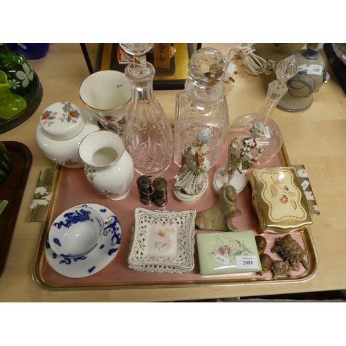 2081 - Tray Lot - Three Crystal Decanters, Pair of Miniature Miners Lamps, Assorted China etc.