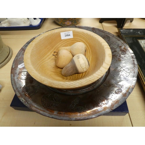 2084 - Royal Worcester Cake Plate, Silvered Copper Platter, Wooden Bowl & Fruits etc.