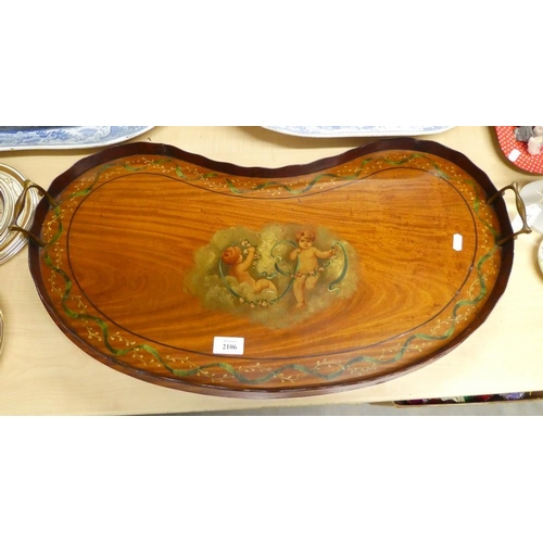 2106 - Edwardian Sheraton Revival Kidney Shaped Tea Tray, the sole painted with Putti within a foliate bord... 