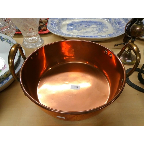 2112 - Copper Cooking Pot with Brass Handles, approx 36cm in diameter.