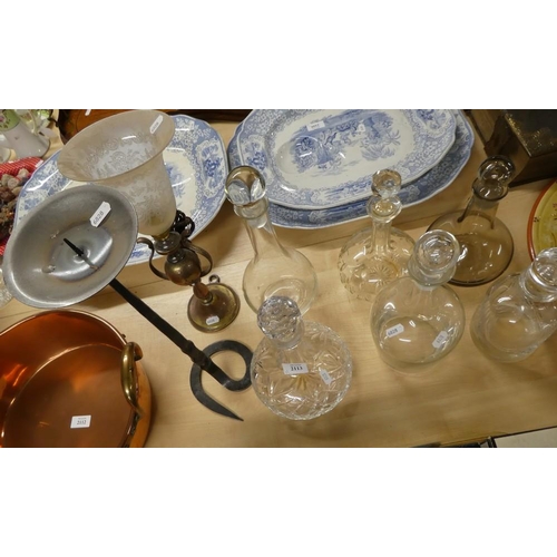 2113 - Six Glass Decanters, Wrought Iron Candlestick & Table Lamp.