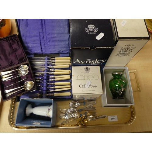 2114 - Tray Lot - Caithness Glass, Flatware, Aynsley Vase etc.