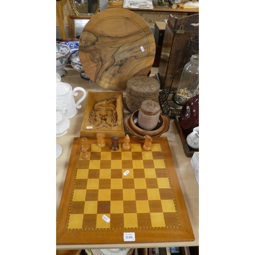 2118 - Olivewood Platter, Cork Storage Jar, Carved Wall Plaque etc.