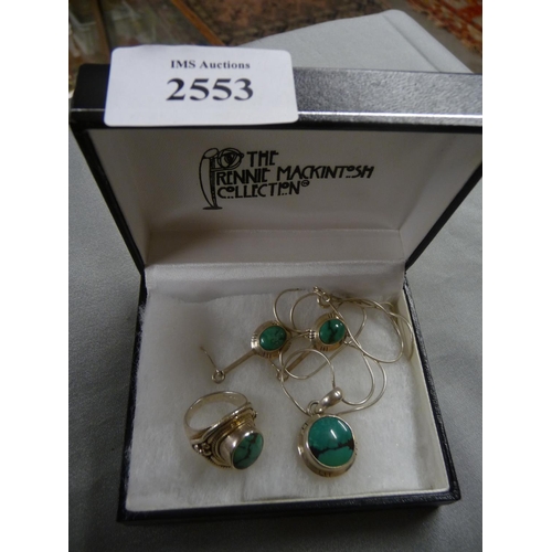 2553 - Suite of Silver Turquoise Jewellery, Ring, Pendant, Earrings