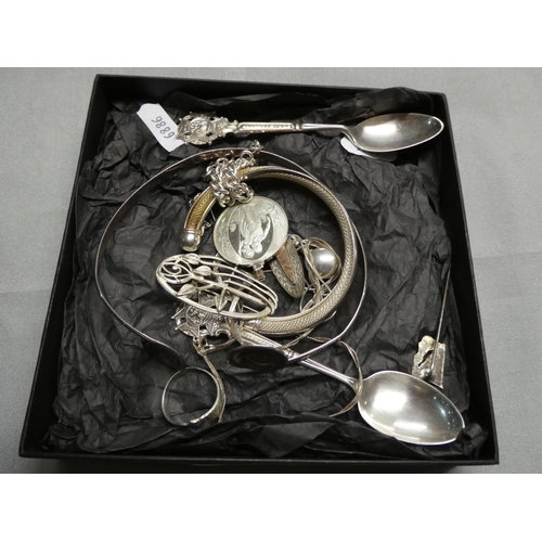 2570 - Box - Silver Teaspoons, Brooches, Silver Necklet etc.