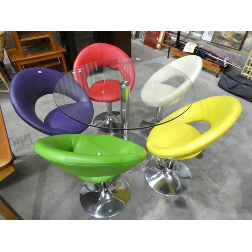 3077 - Glass Top Dining Table & 5 Assorted Colours Swivel Chairs