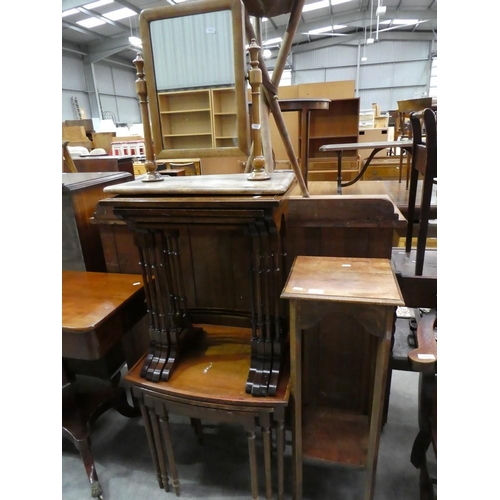 3090 - Mahogany Dressing Mirror, Oak Plant Stand & 2 Mahogany Nest Of 3 Tables