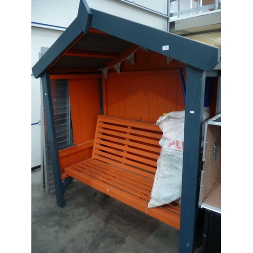 3508 - Painted Garden Bench and Arbour. 188cm wide, 204cm high and 89cm deep.