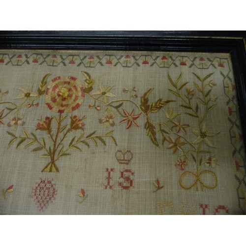 1546 - Fine Scottish Antique Silk Embroidered Linen Backed Sampler. Central Georgian House flanked with col... 