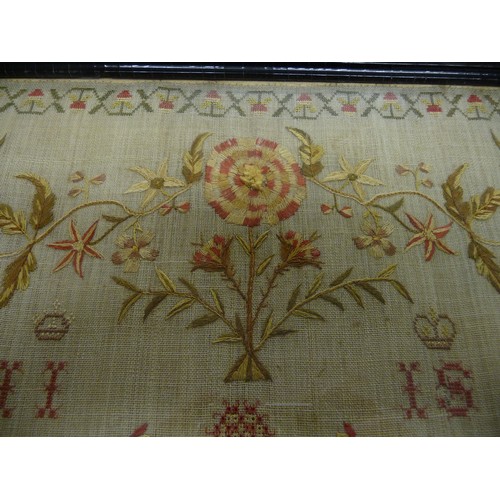 1546 - Fine Scottish Antique Silk Embroidered Linen Backed Sampler. Central Georgian House flanked with col... 