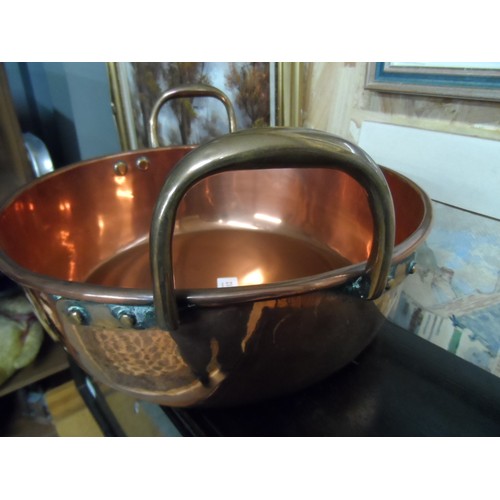 2112 - Copper Cooking Pot with Brass Handles, approx 36cm in diameter.