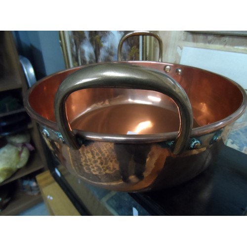 2112 - Copper Cooking Pot with Brass Handles, approx 36cm in diameter.