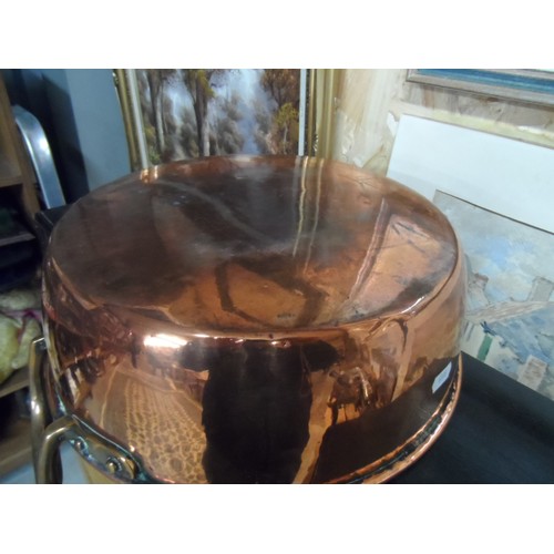 2112 - Copper Cooking Pot with Brass Handles, approx 36cm in diameter.