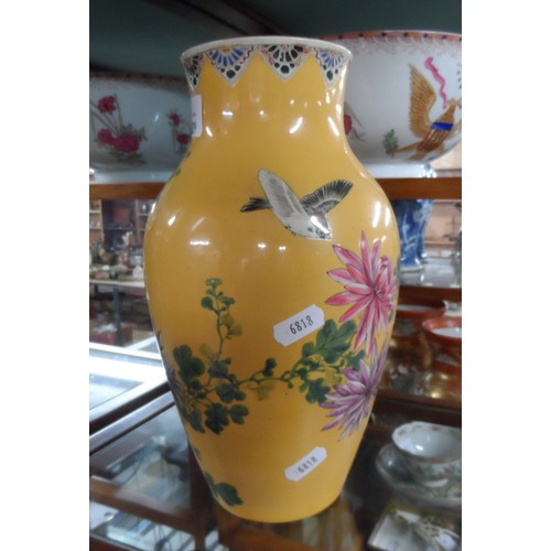 1629 - Japanese Satsuma Vase - Painted with Sparrows and Flowering Foliage, approx 26cm tall.