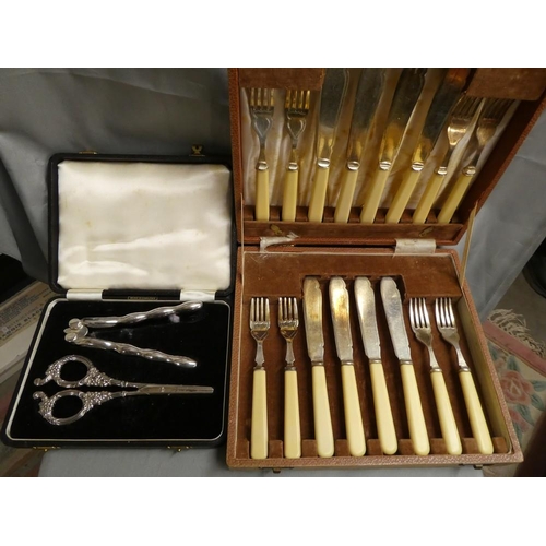 1070 - Cased Fish Forks & Knives, Nut Cracks & Grape Scissors.