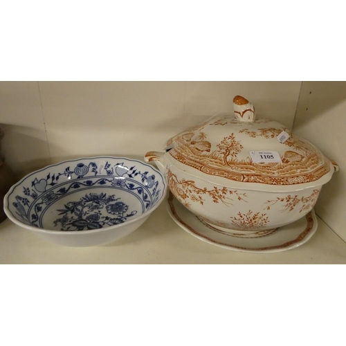 1105 - Furnivals Quail Pattern Tureen on Stand & Blue & White Onion Pattern Shallow Bowl.