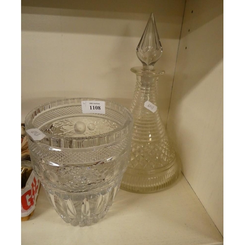 1108 - Cut Glass Decanter & Engraved Glass Vase.