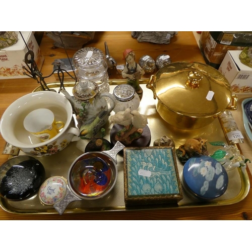 1252 - Large Tray Lot - Paperweights, Quaich, China Figures etc etc.