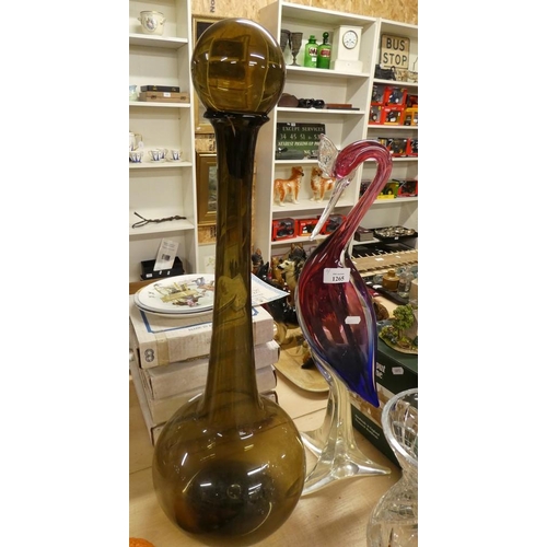 1265 - Large Italian Art Glass Heron & Tall Smoky Quartz Coloured Bottle & Stopper.