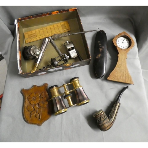 1357 - Box - Smokers Pipes, Carved Panel, Whistle, Corkscrew etc.