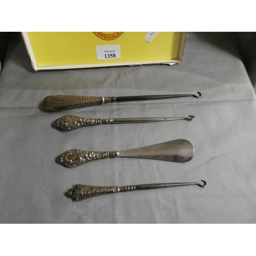 1358 - Tray Lot - Silver Mounted Boot Button Hooks & Shoe Horn.