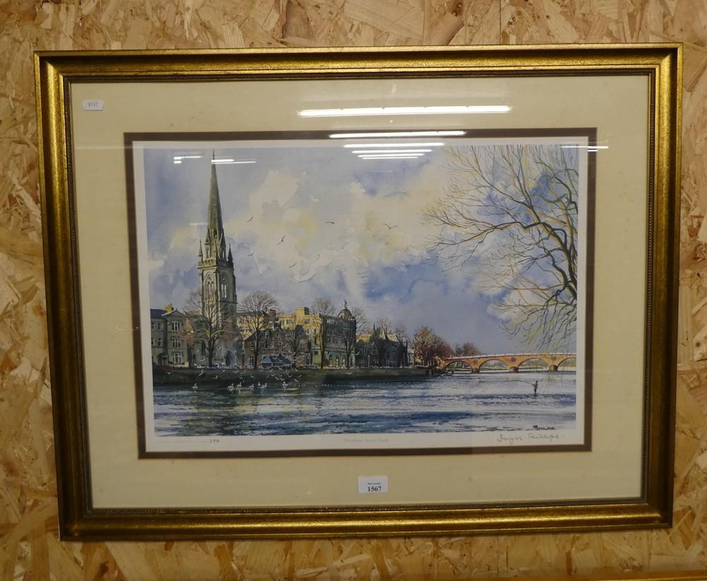 Framed Print Perth From the River Tay, Signed Douglas Philips, Number