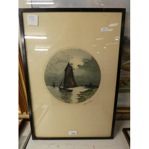 1599 - Framed French Aquatint, Fishing Boat Signed Pierre Vidal, approx 24cm in diameter.