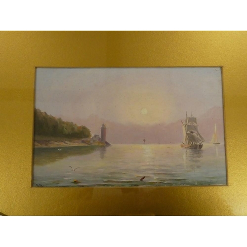 2066 - Framed Oil Painting - Sailing Ship in Quiet Cove, approx 20 x 13cm.