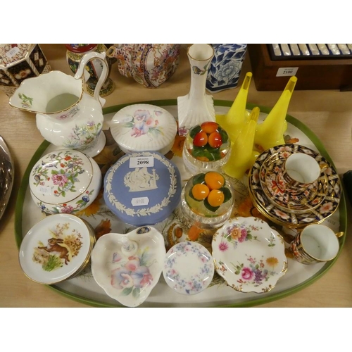 2098 - Tray Lot - Royal Crown Derby Imari Pattern Coffee Cans & Saucer, Wedgwood Trinket, Vases etc.