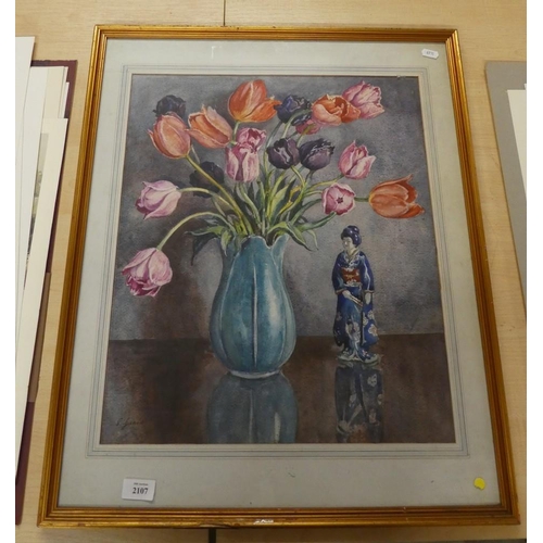 2107 - Framed Watercolour - China Geisha Ornament with Vase of Flowers signed S Grant, approx 44 x 51cm.