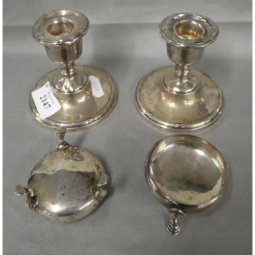 2147 - Pair of London Silver Salts (2.2oz troy) & a Pair of loaded Birmingham Dwarf Candlesticks.