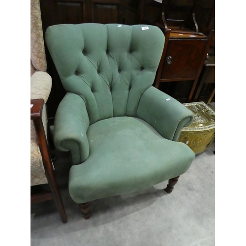 3065 - Green Fabric Button Back Arm Chair