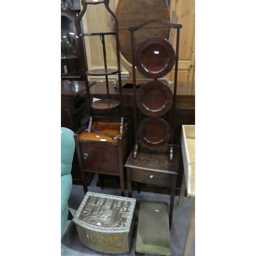 3066 - Victorian Mahogany Pot Cupboard, Two Mahogany Cake Stands, Oak Occasional Table, Brass Coal Box, Foo... 