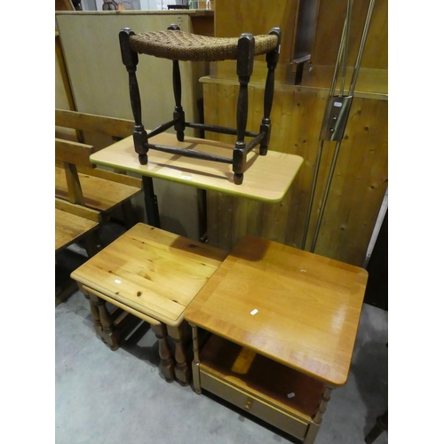 3087 - Pine Nest Tables, Teak Lamp Table, Oak Stool, An Uplighter and a Bed Table