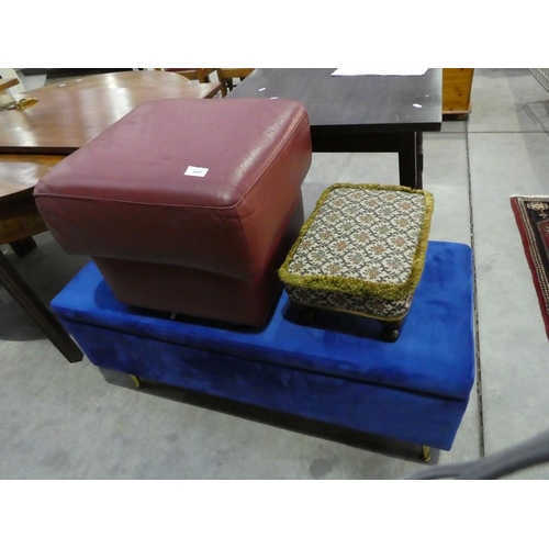 3099 - Blue Fabric Upholstered Ottoman, Burgundy Leather Footstool and Vintage Footstool