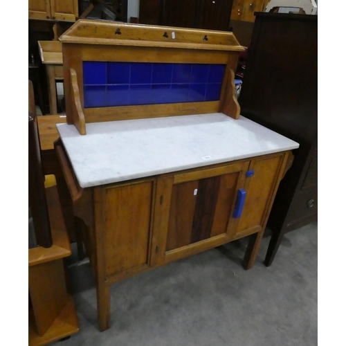 3115 - Victorian Pine Marble Top Wash Stand with Tile Back
Length: 92
Height: 75 (total) 
Depth: 48
Dimensi... 