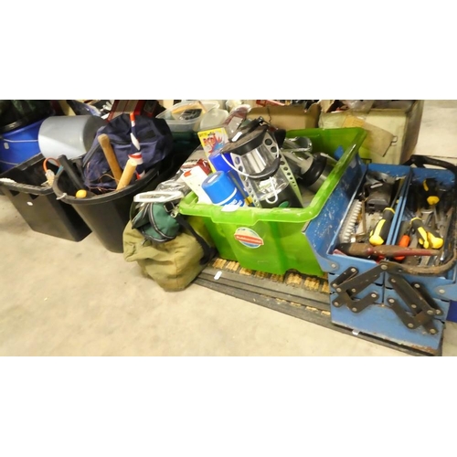 118 - 7 Boxes, Leg Waders, Electric Jigsaw, Camping Stool and Assorted Hand Tools.