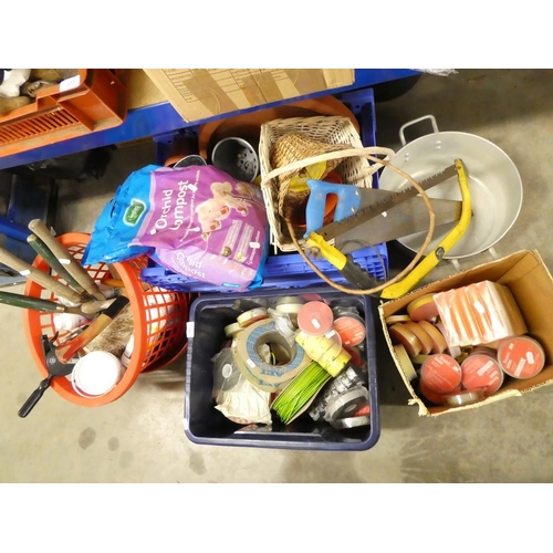 126 - Five Boxes Jelly Pan, Electrical Wire and Tape, Garden Hand Tools and Plant Pot