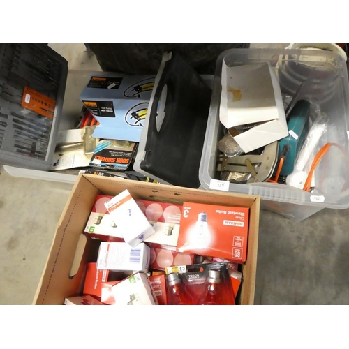 137 - Three Boxes of Assorted Tools and Lightbulbs