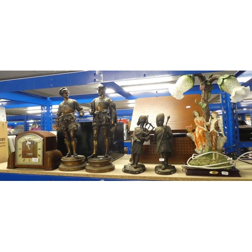 167 - Art Deco Mantle Clock, Pair Spelter Figures, Figural Lamp Base and Two Scottish Piper Figures (af)