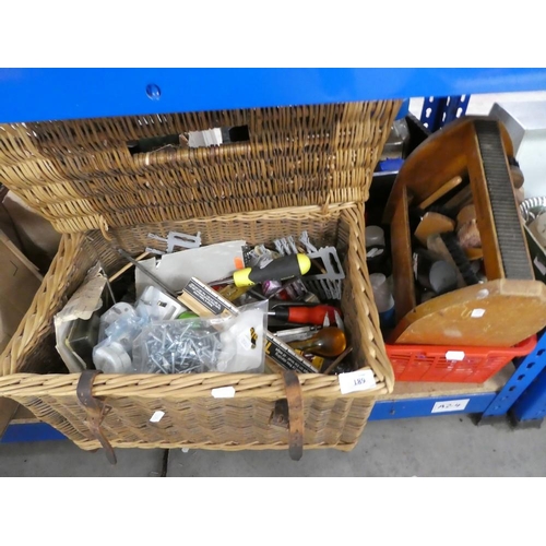 189 - Wicker Basket of Assorted Tools and Shoe Shine Box