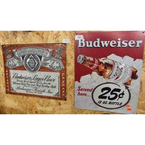 716 - 2 Advertising Budweiser Tin Signs